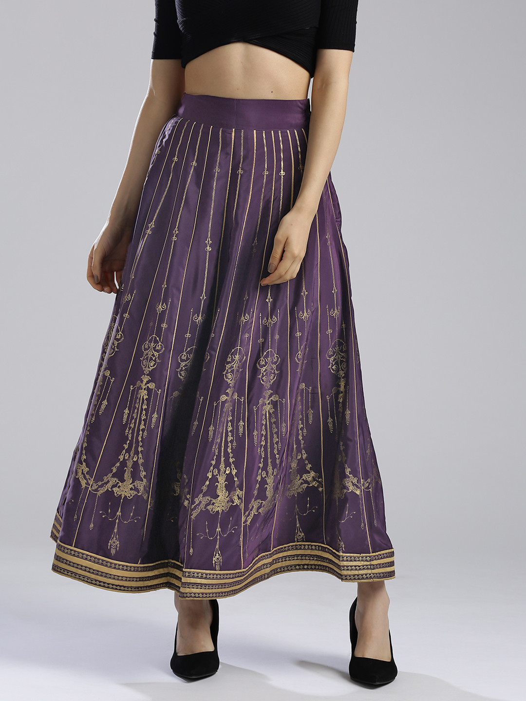 WISHFUL by W Women Purple & Gold-Toned Maxi Flared Skirt