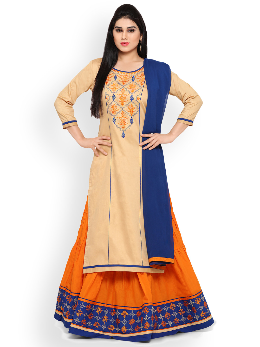 Kvsfab Beige & Orange Silk Blend Semi-Stitched Dress Material