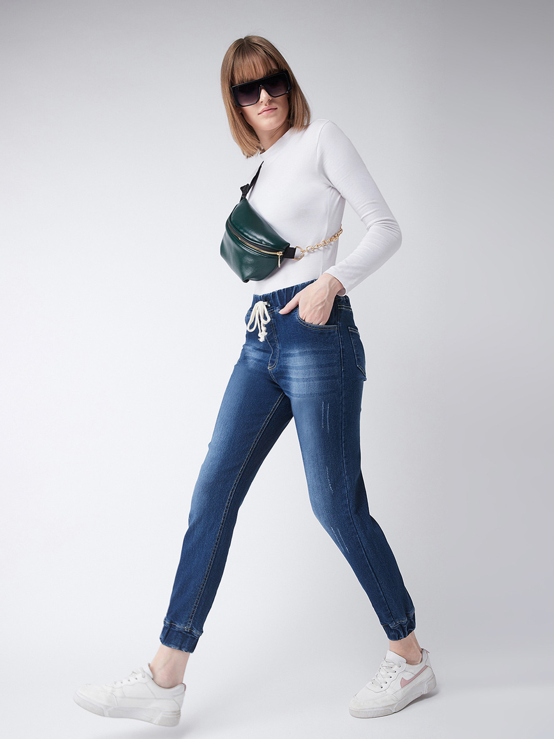 Miss Chase Women Navy Blue Denim Regular Fit Solid Joggers
