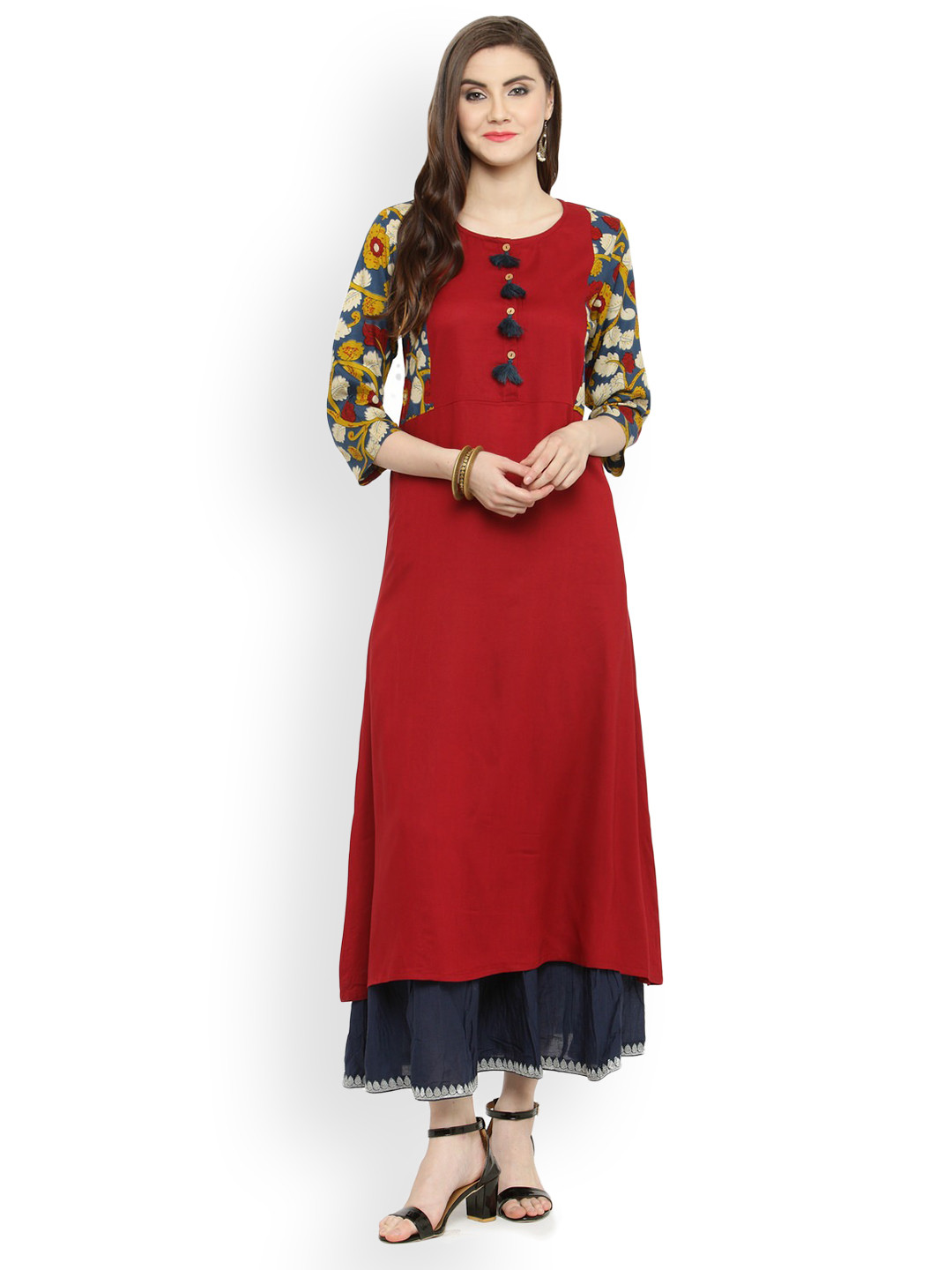 Geroo Jaipur Red & Blue Kalamkari Hand Block Printed Rayon  Kurta