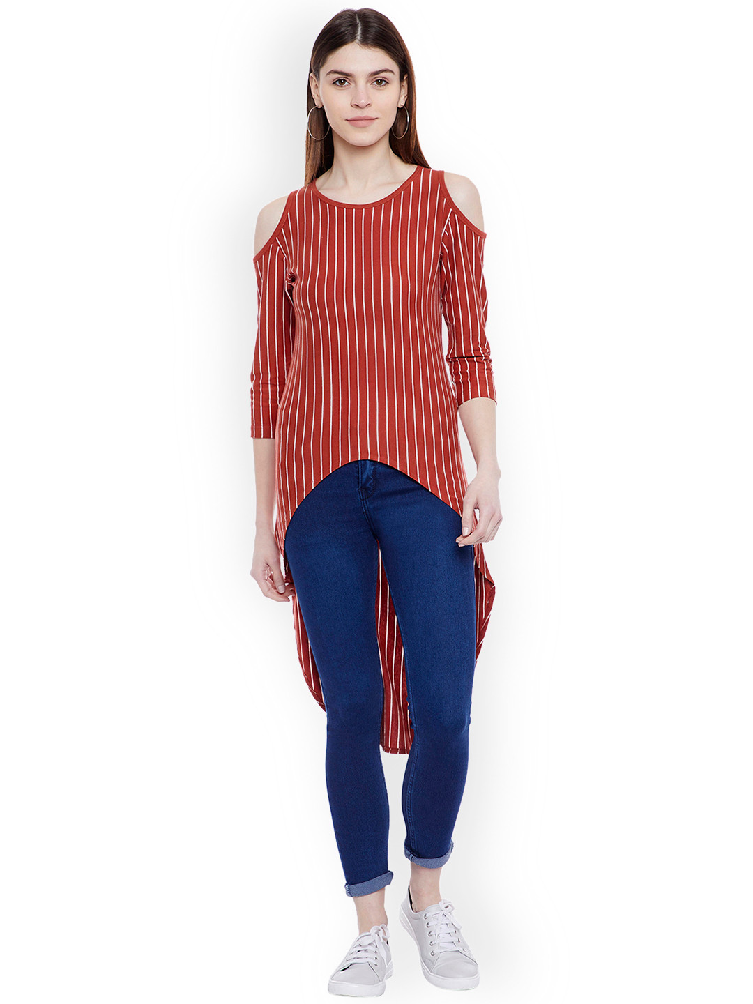 Hypernation Women Orange Striped High-Low Cold Shoulder Top