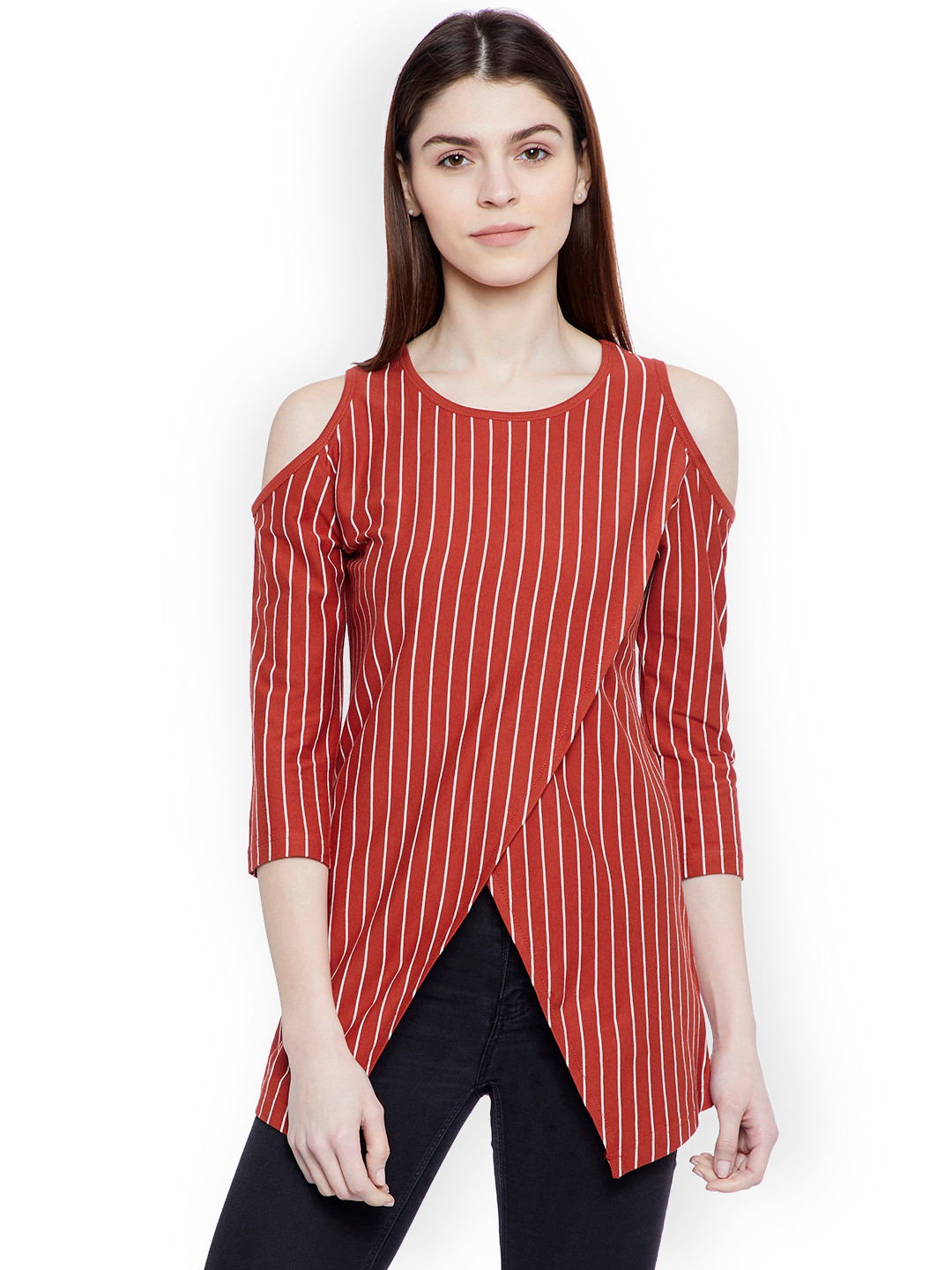 Hypernation Women Orange Striped Cold Shoulder Top