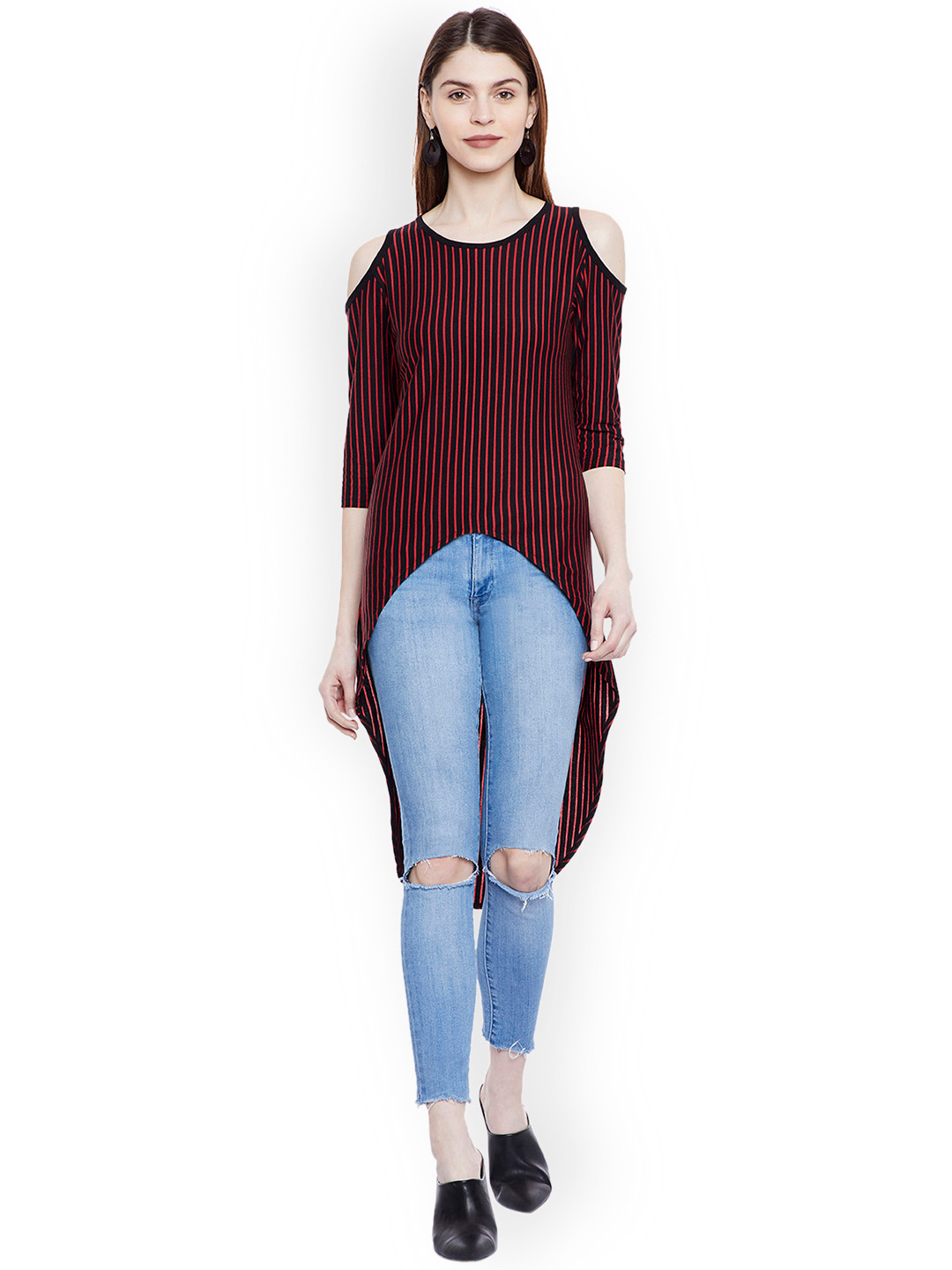 Hypernation Women Red Striped High-Low Cold Shoulder Top