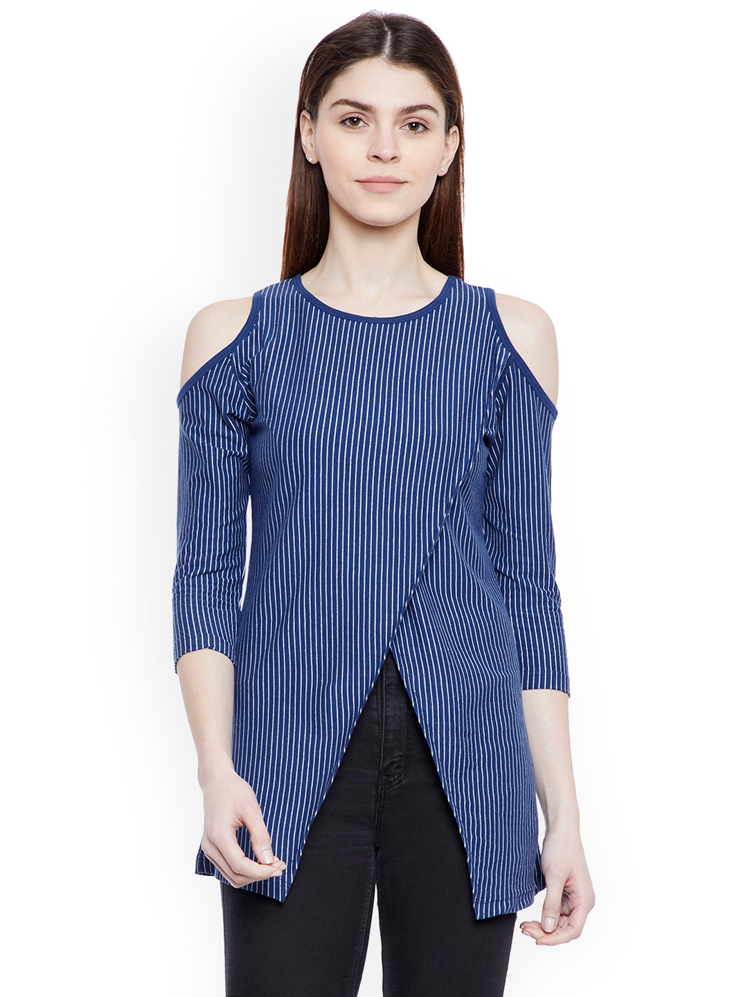 Hypernation Women Blue Striped Regular Cold Shoulder Top