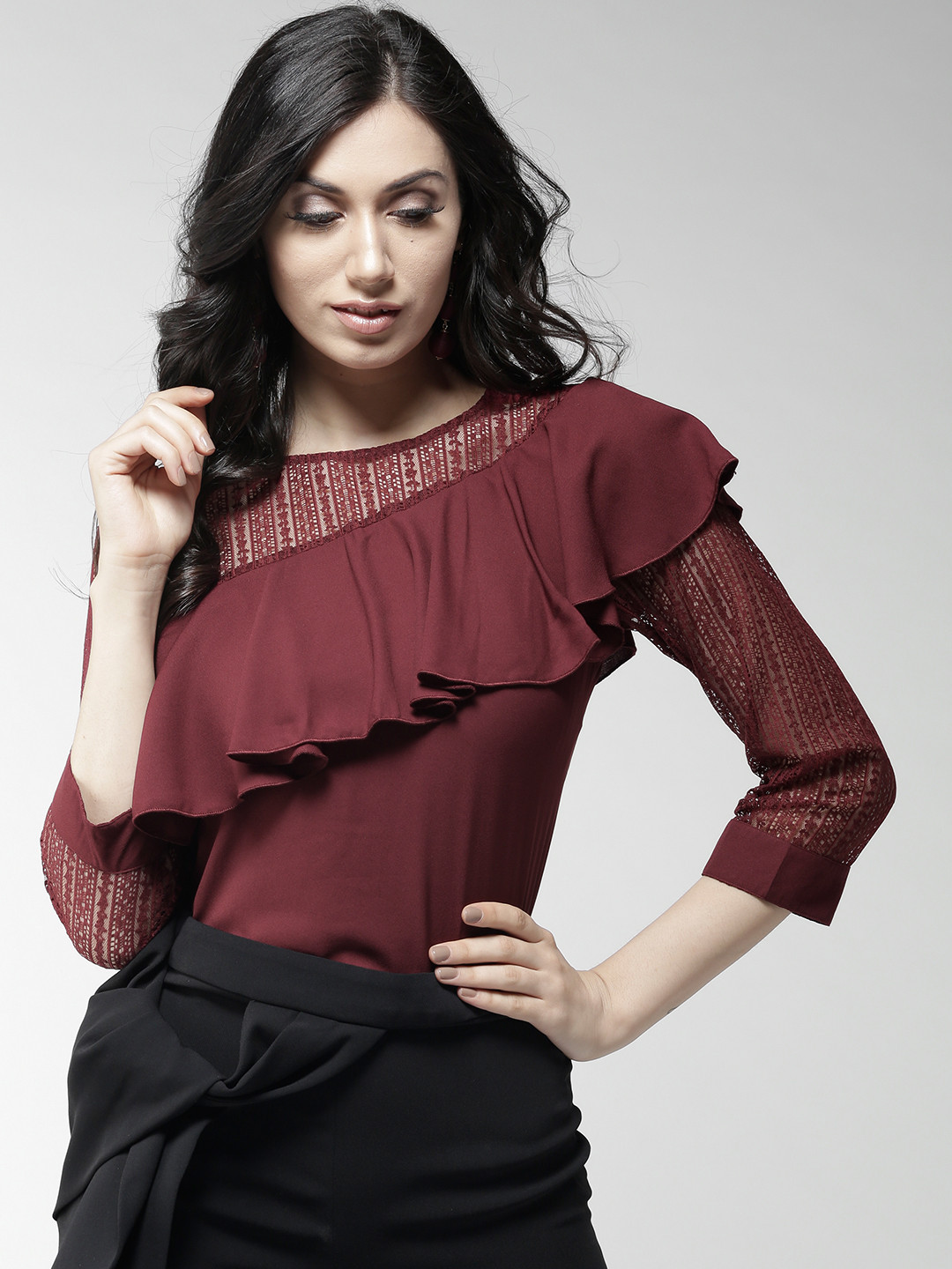 Style Quotient Women Maroon Lace Detail Layered Regular Top