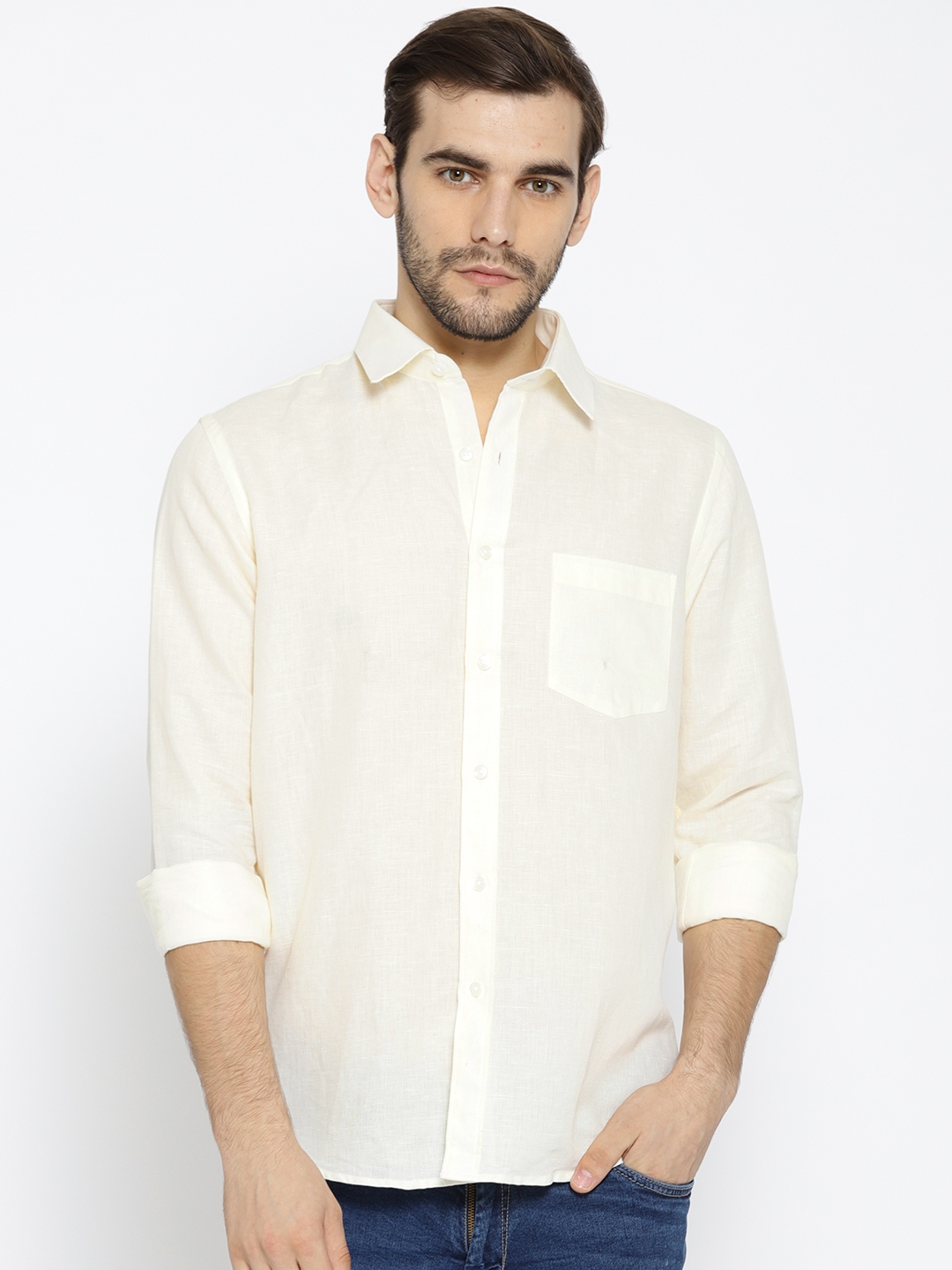 Buy Oxemberg Men Cream Coloured Slim Fit Solid Formal Shirt Shirts For Men 4323937 Myntra