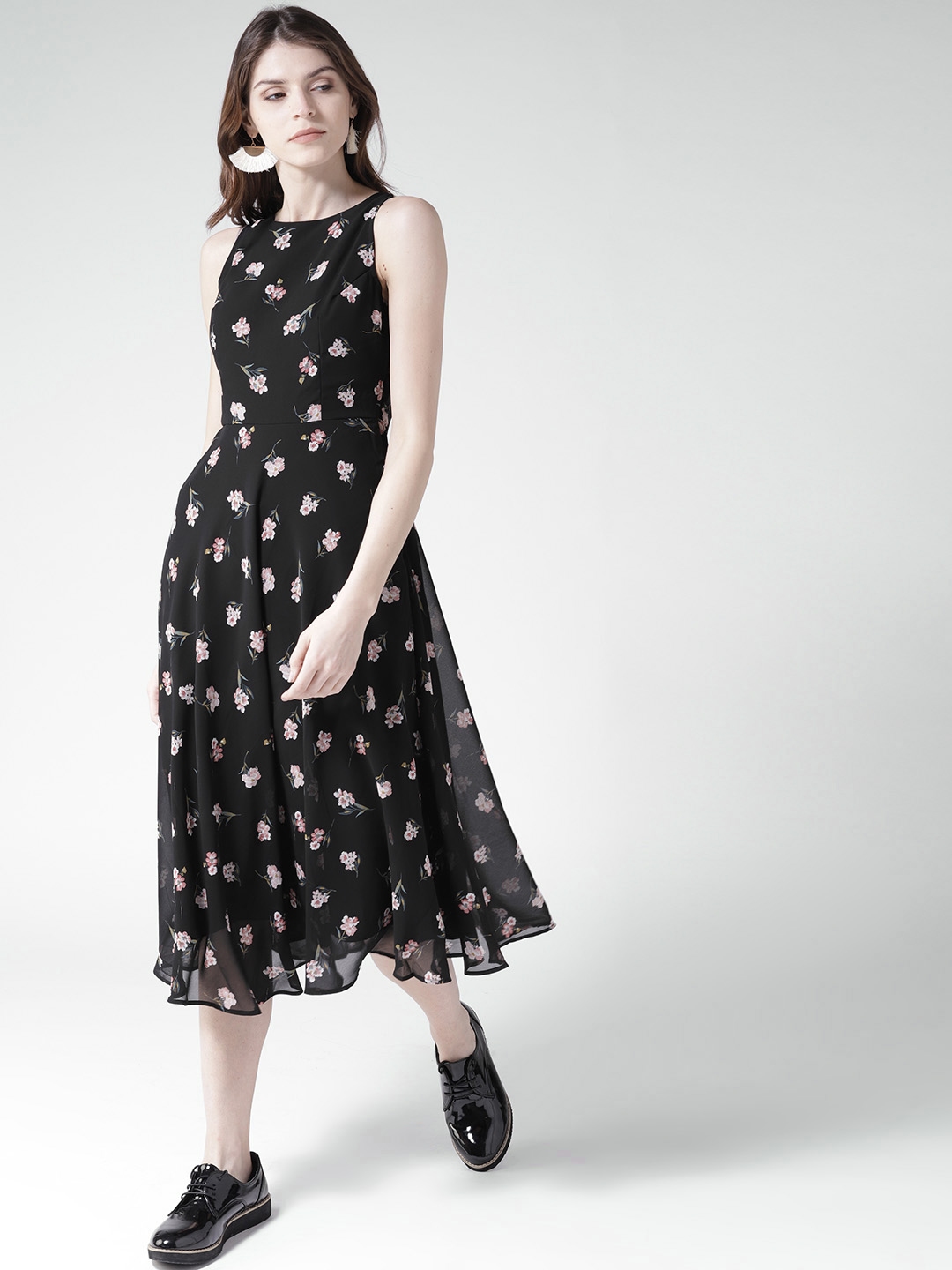 20Dresses Women Black Floral Print Midi Fit Flare Dress