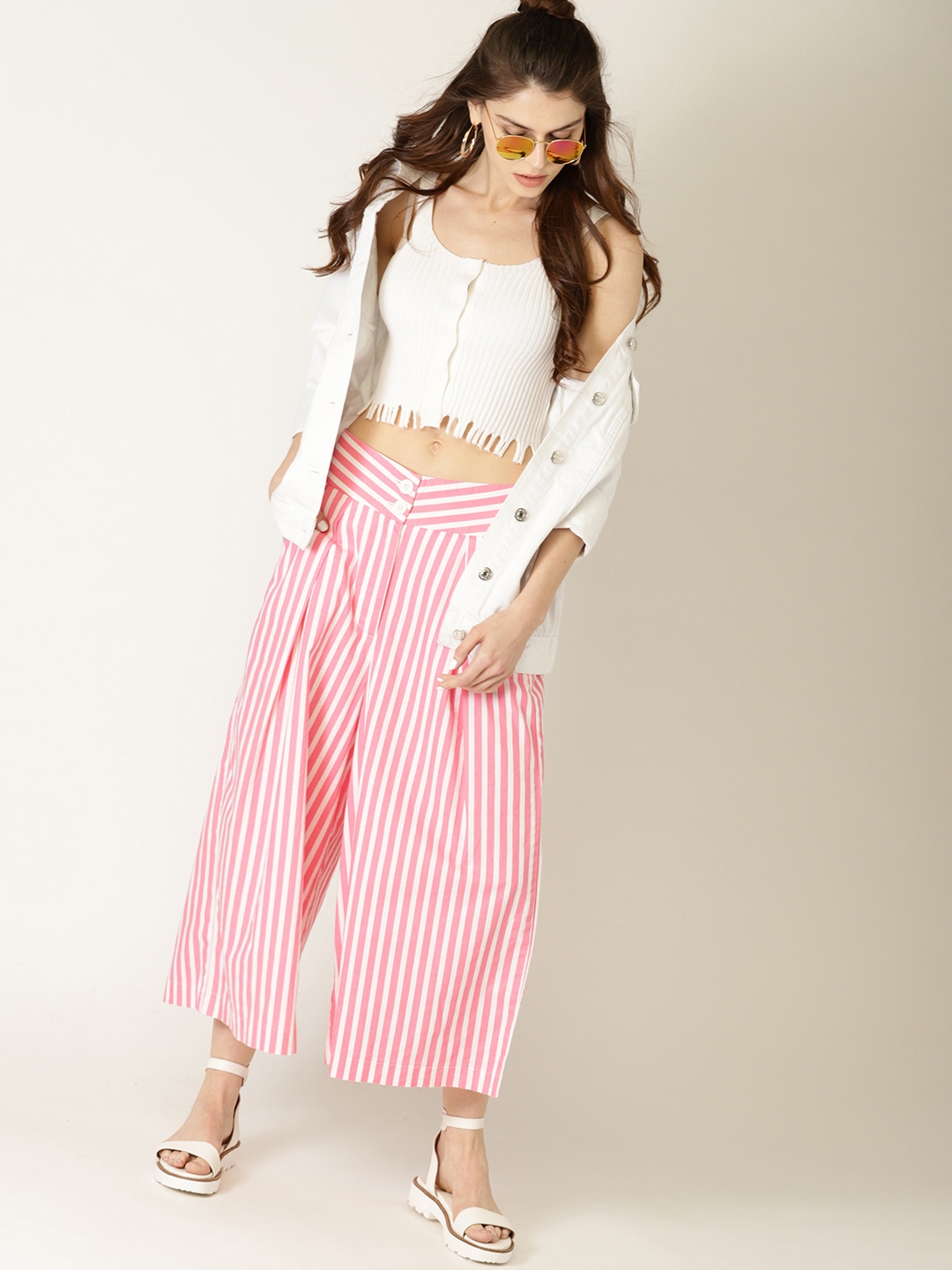 Pink and white striped trousers best sale