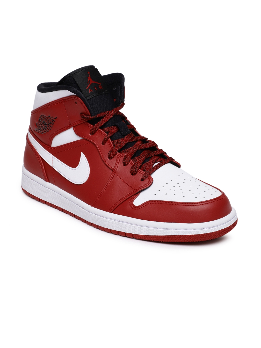 Nike Men Red & White Air Jordan 1 MID Leather Basketball Shoes