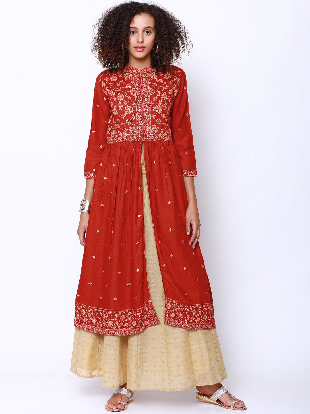 Vishudh Women Red & Golden Printed A-Line Kurta