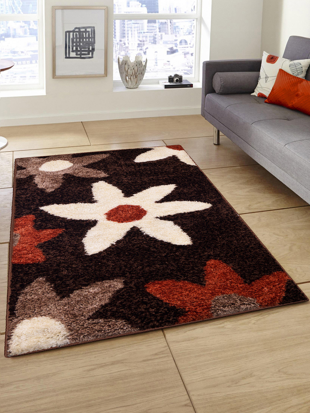 Story@home Brown & Red Floral Pattern Carpet