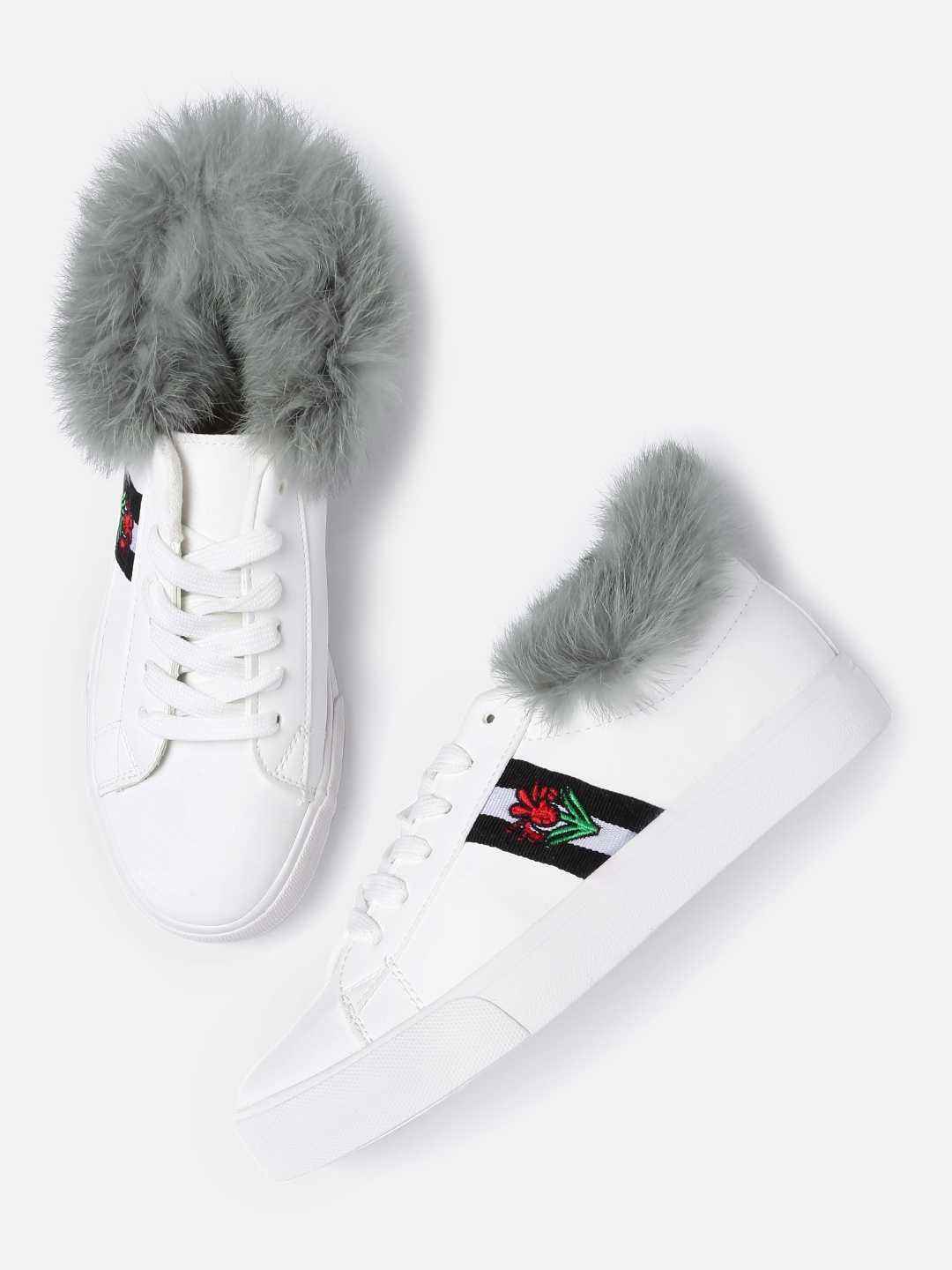White Sneakers With Faux Fur Detail 