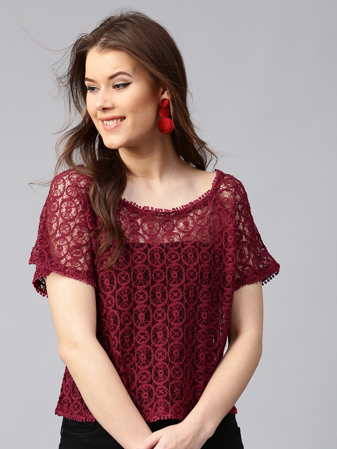 Buy SASSAFRAS Women Maroon Lace Pure Cotton Top - Tops for Women 4368069