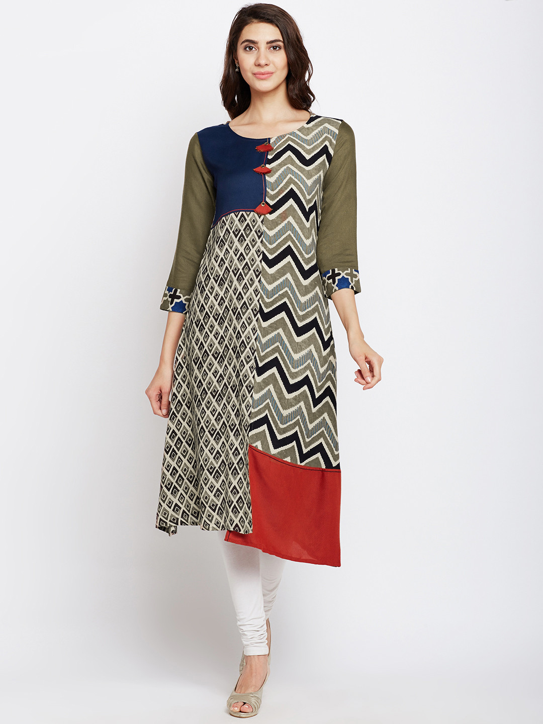 Span Women Olive Green & Black Printed A-Line Kurta