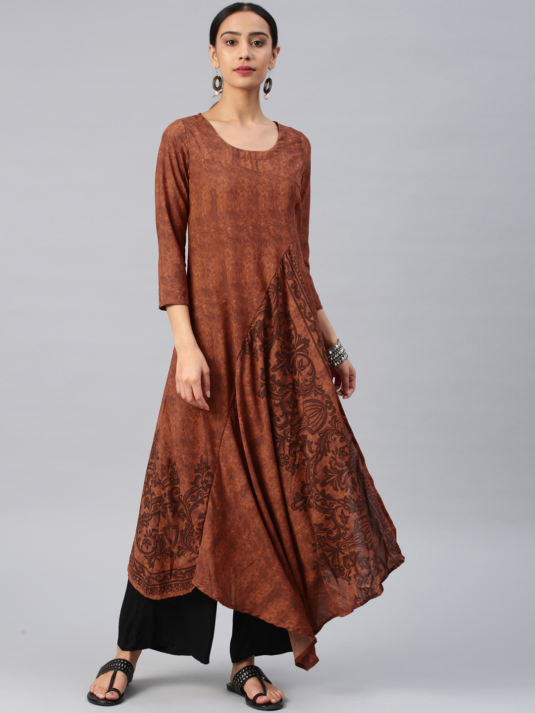 Vishudh Women Brown Printed Asymetrical A-Line Kurta