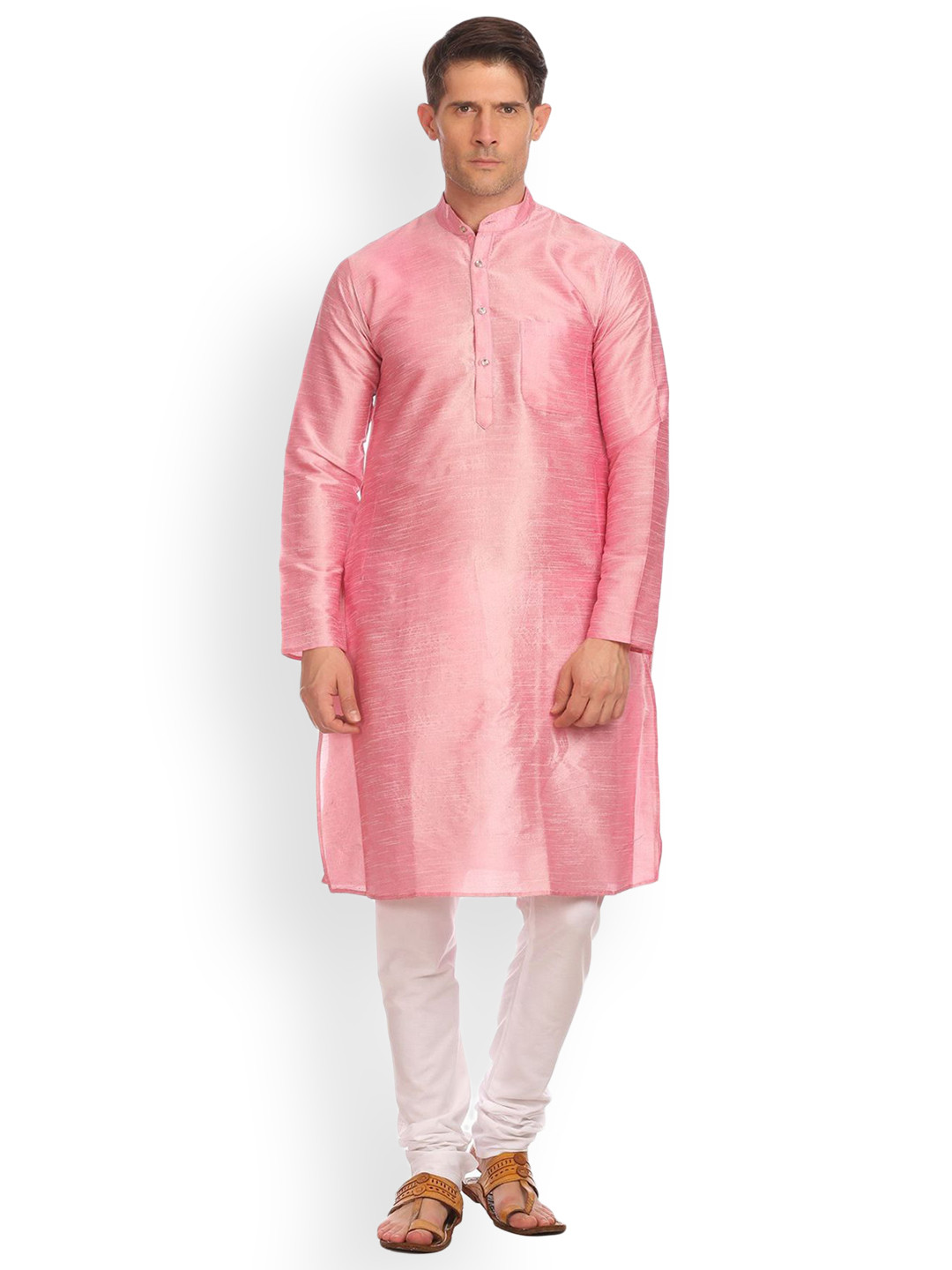 Wintage Men Pink Solid Straight Banarasi Kurta