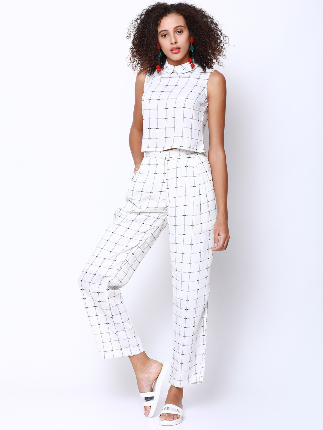 CHIC BY TOKYO TALKIES Women Off-White Checked Top with Trousers