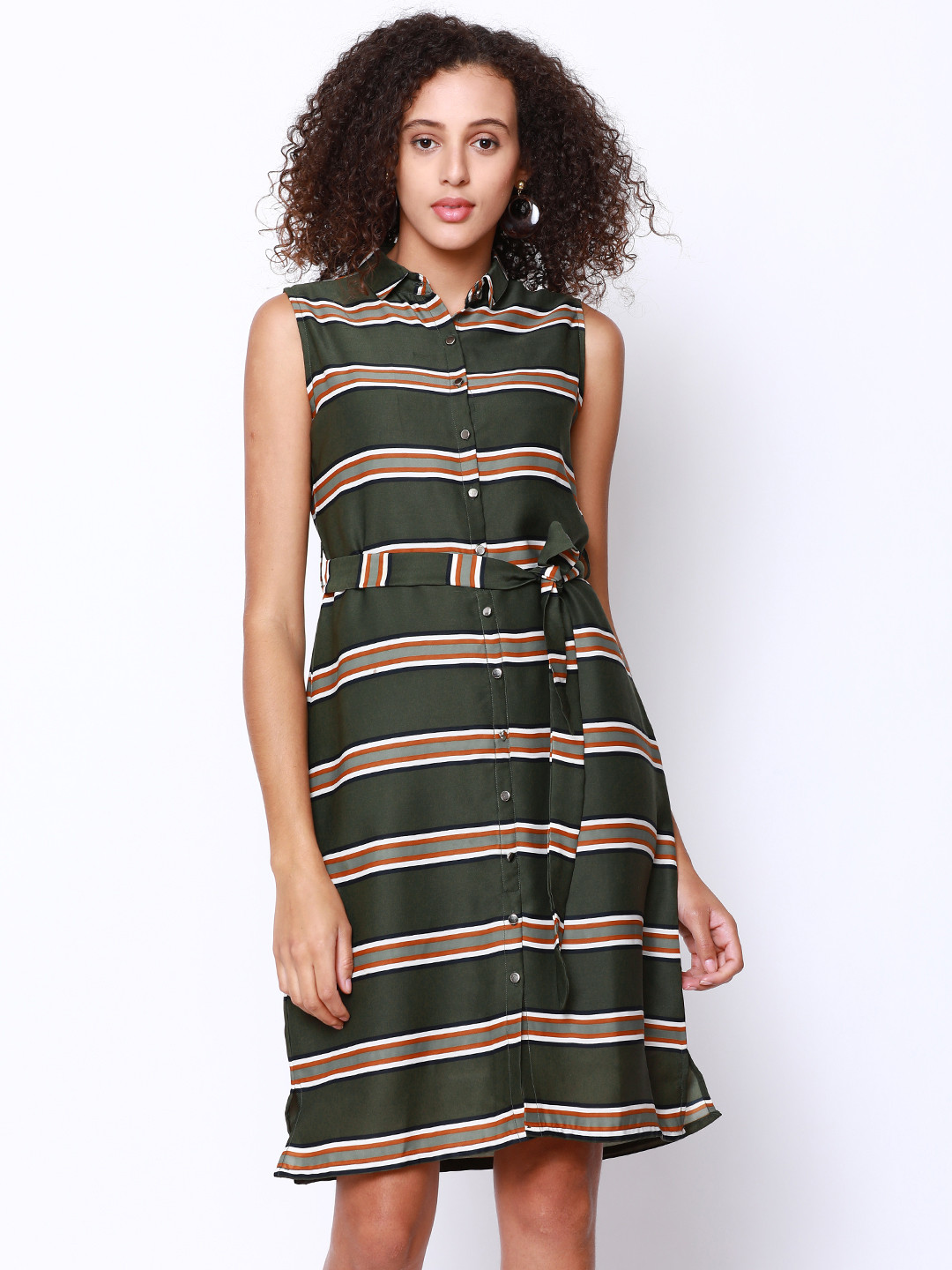 Tokyo Talkies Women Olive Green Striped Shirt Dress