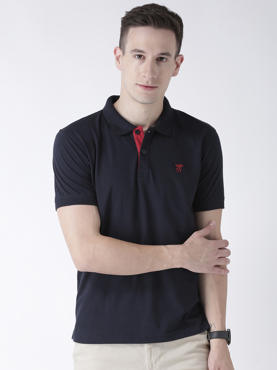 Club York Men Navy Blue Solid Polo Collar T-shirt