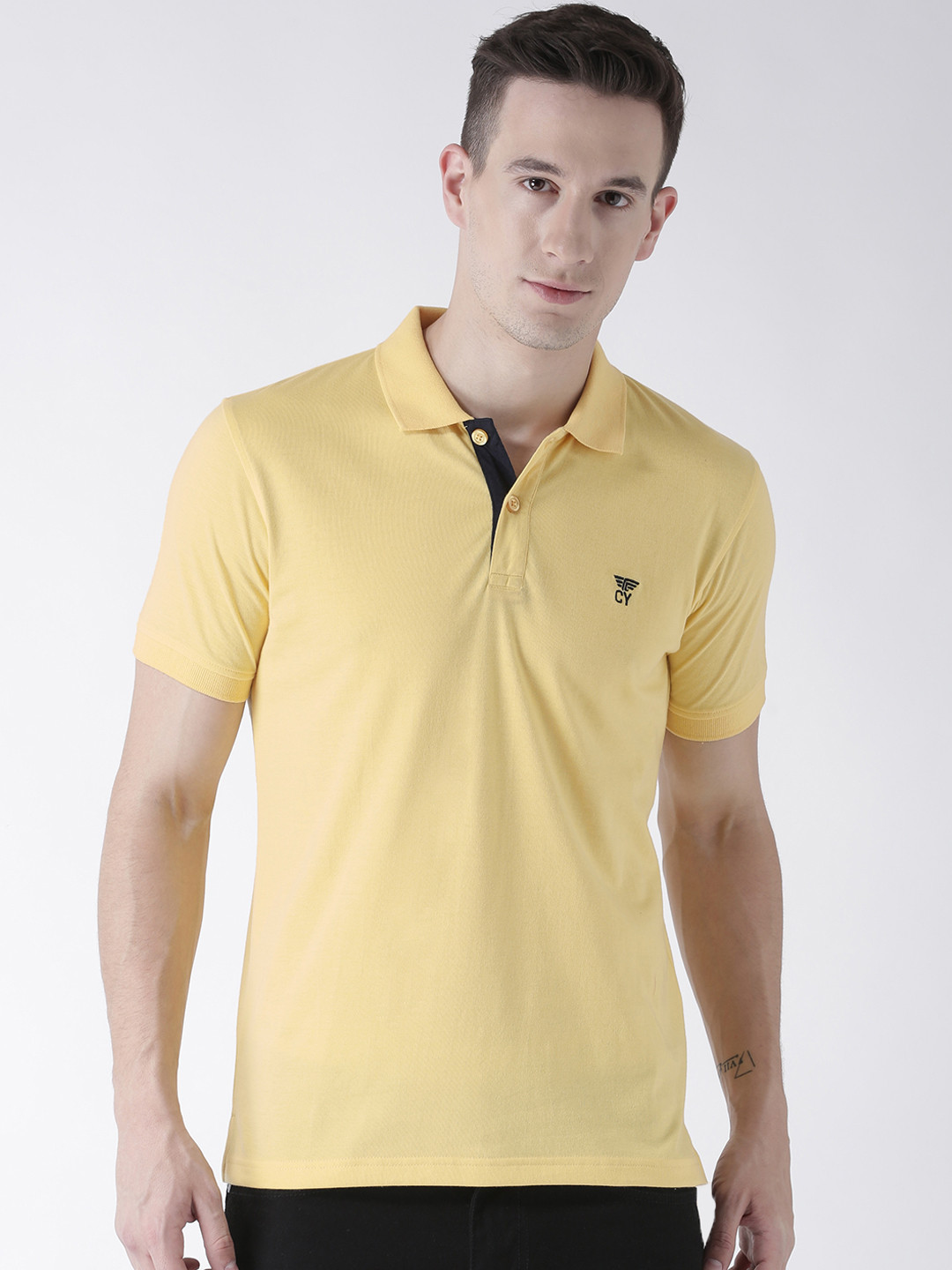 Club York Men Yellow Solid Polo Collar T-shirt