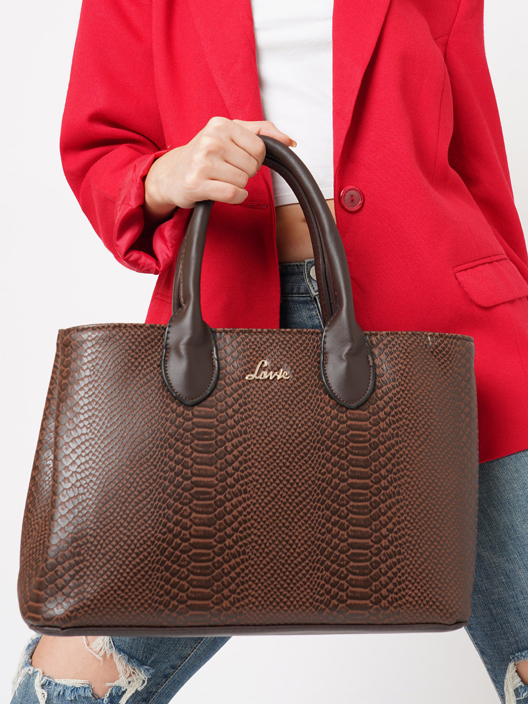 Lavie Ficus Coffee Brown Animal Textured Structured Handheld Bag