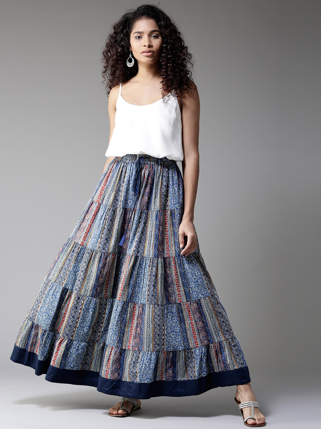 Buy Varanga Blue  Red Printed Tiered Skirt With Pom Pom Detailing  Skirts  for Women 11462060  Myntra