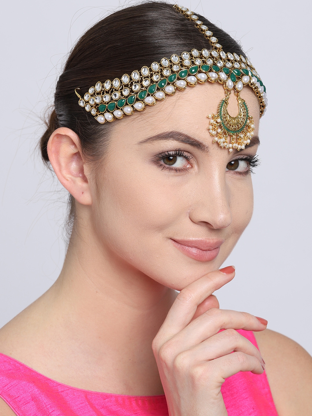Buy Zaveri Pearls Gold Plated & Green Stone Studded Matha Patti ...