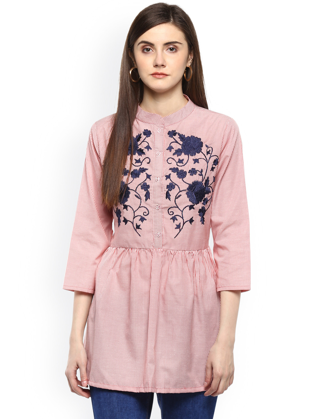 Bhama Couture Women Red Longline Striped Shirt Style Pure Cotton Top