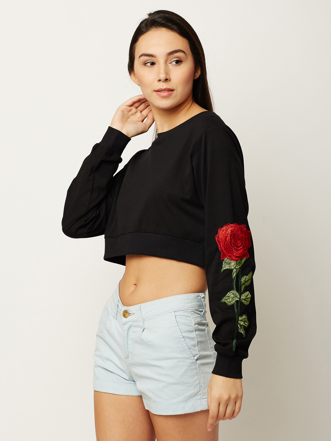 Miss Chase Women Black Solid Boxy Pure Cotton Top