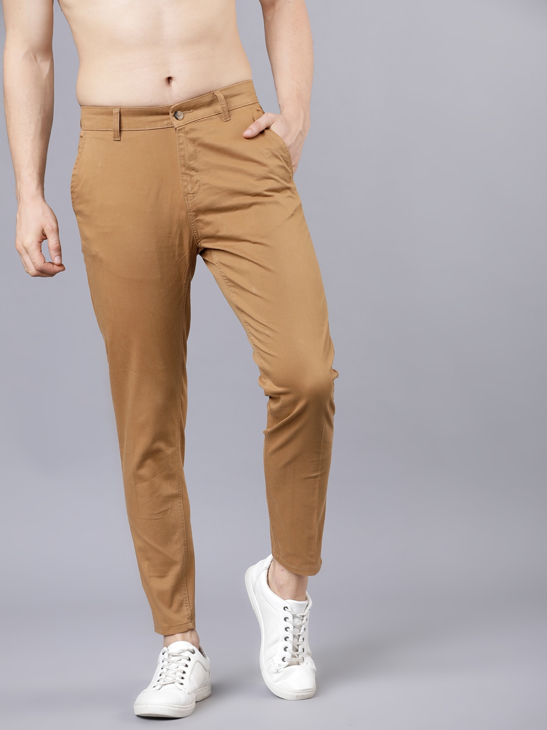 Grey Solid Mens Trousers Tapered Fit