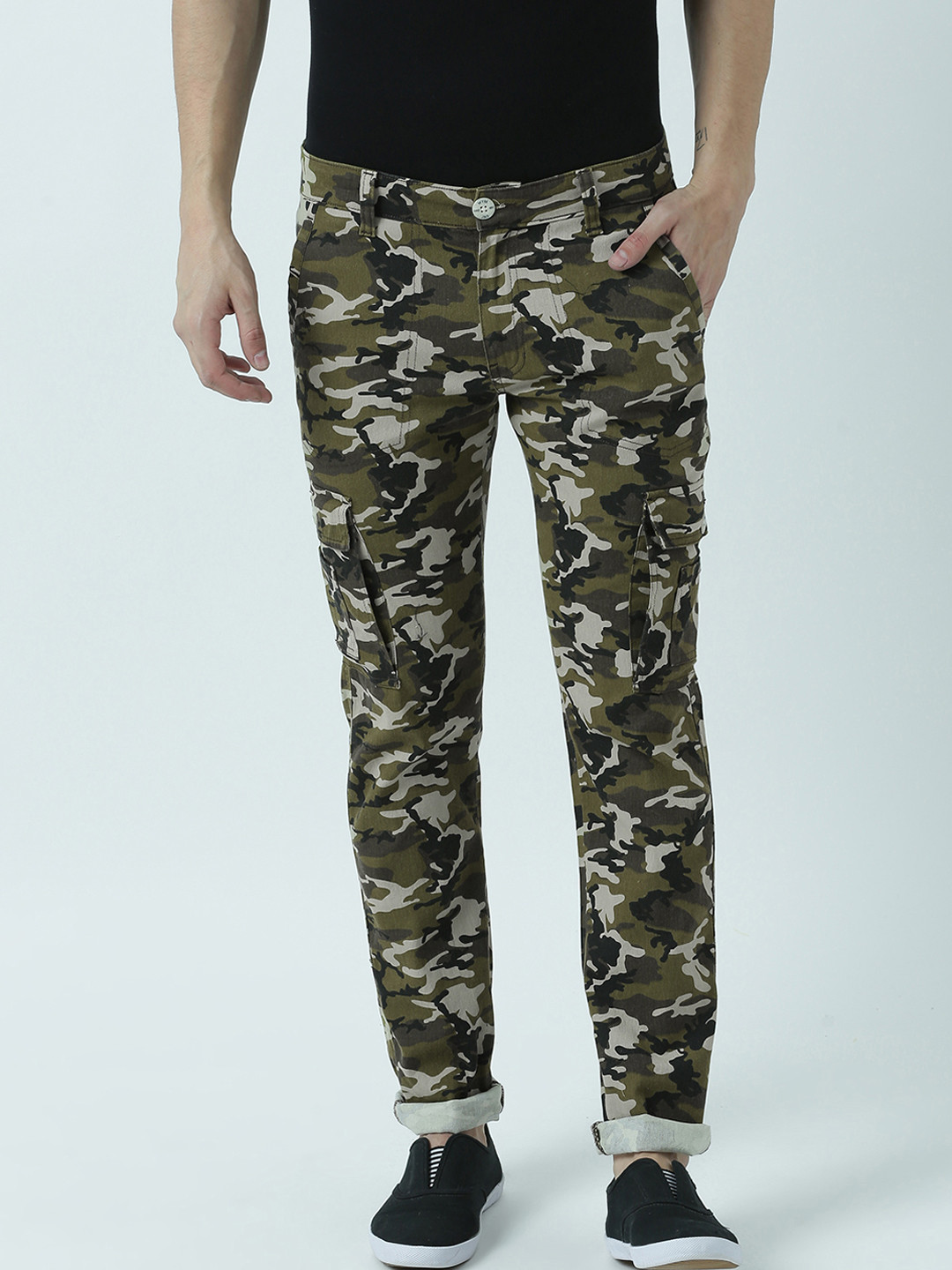 Wear Your Mind Men Green & Beige Tailored Regular Fit Printed Cargos