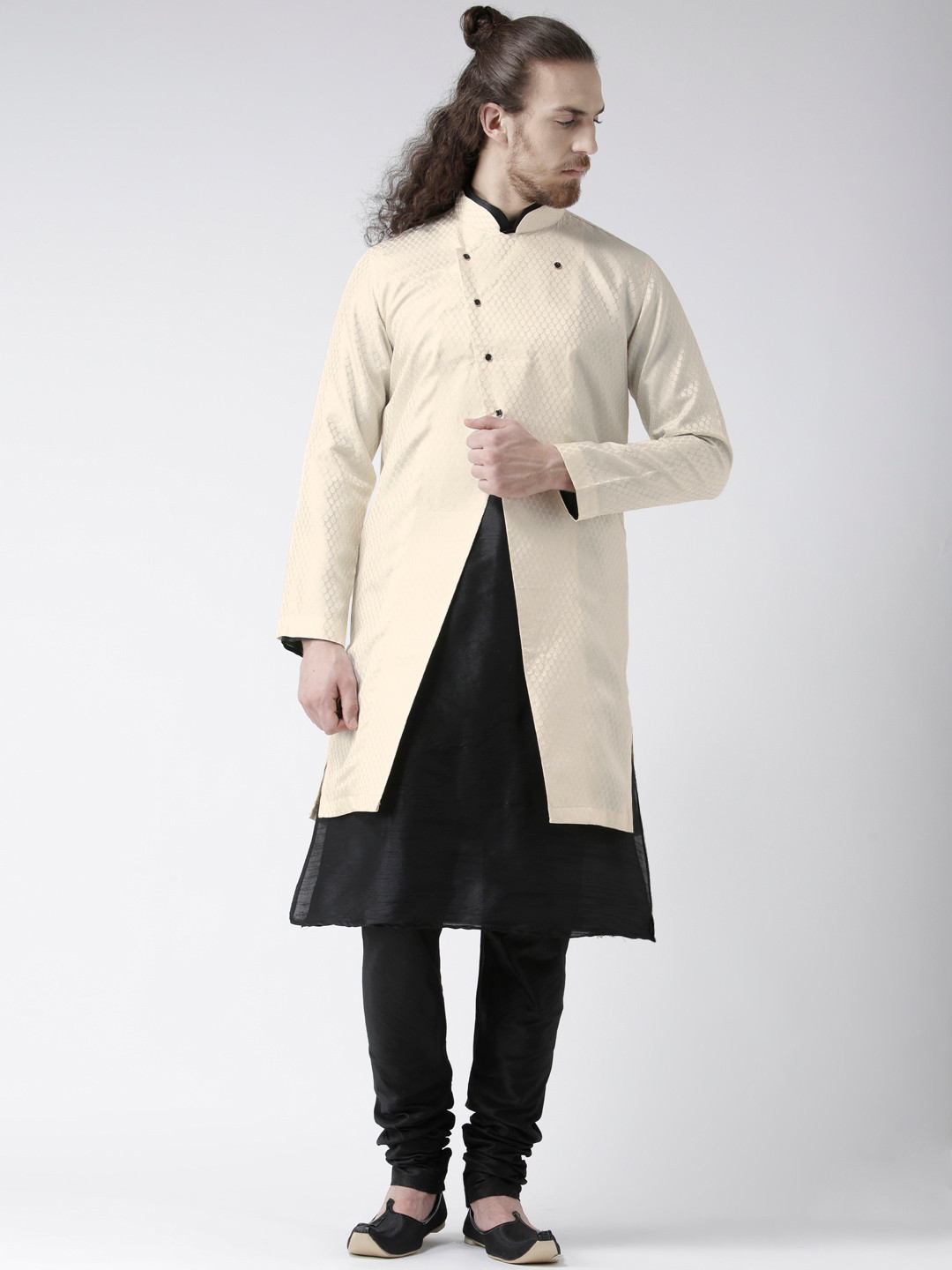 DEYAAN Cream & Black Woven Design Jacquard Sherwani With Achkan
