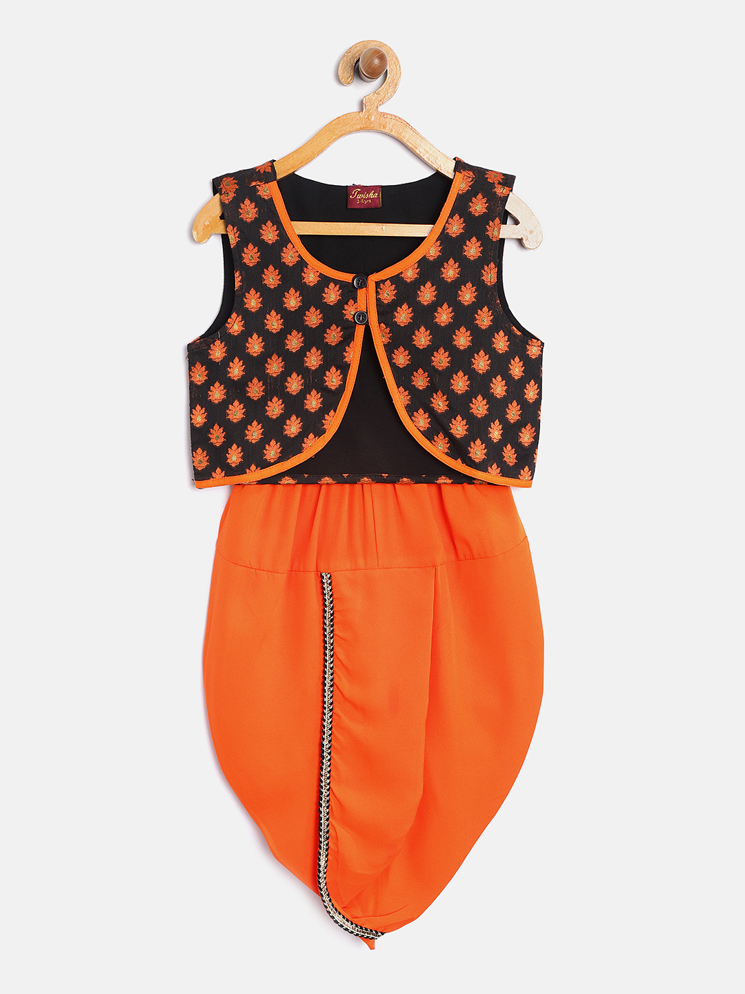 Twisha Boys Orange & Black Woven Design Jacket with Dhoti Pants