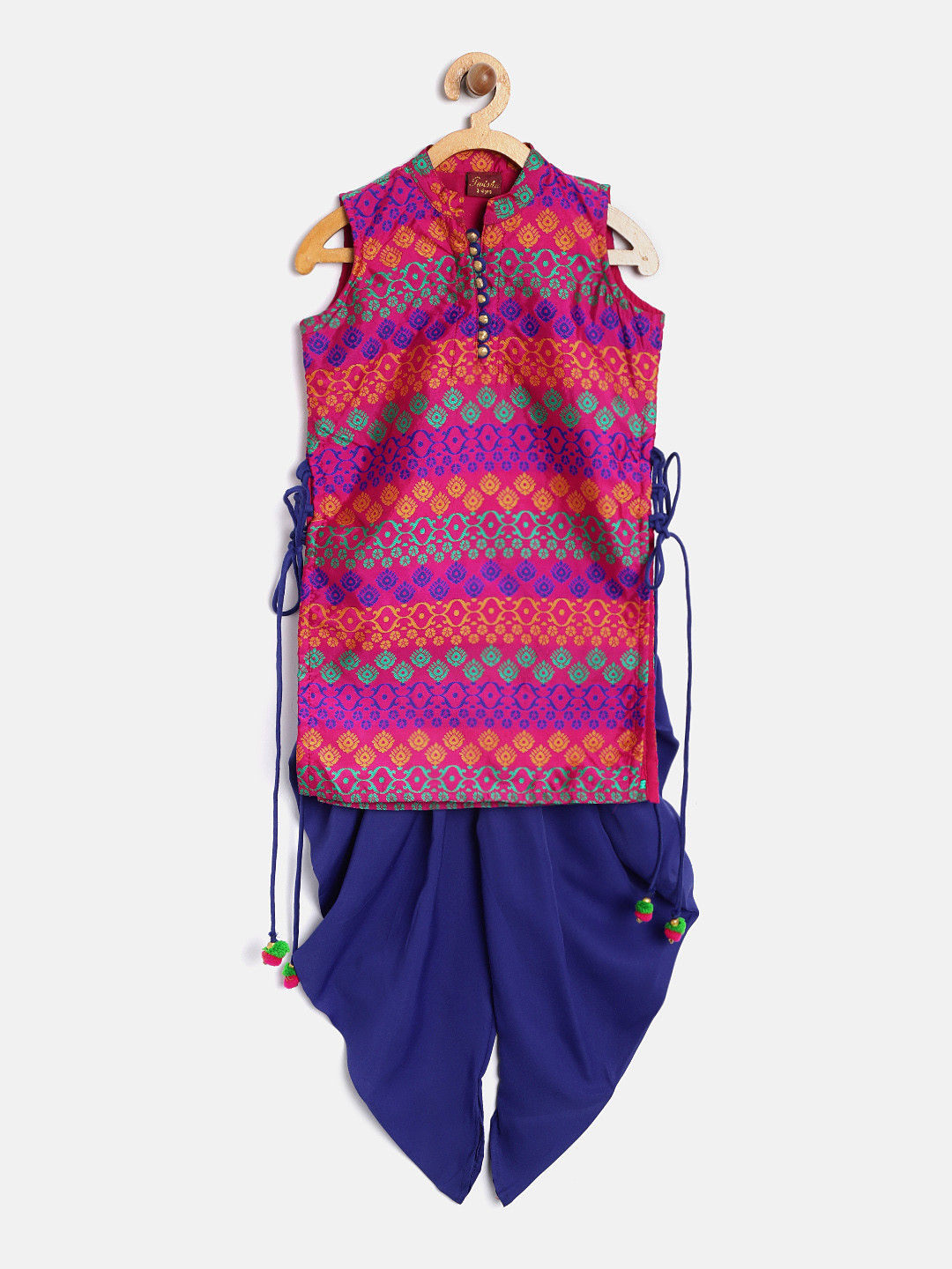 Twisha Girls Magenta & Blue Woven Design Kurta with Dhoti Pants