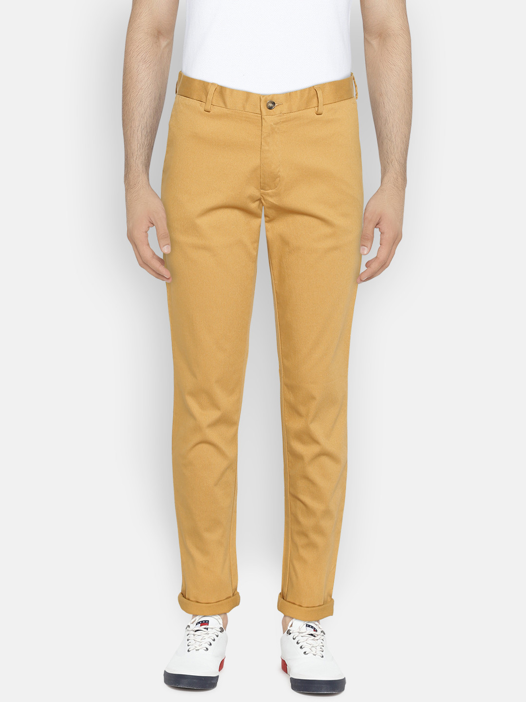 Blackberrys Men Mustard Yellow B-91 Skinny Fit Solid Regular Trousers