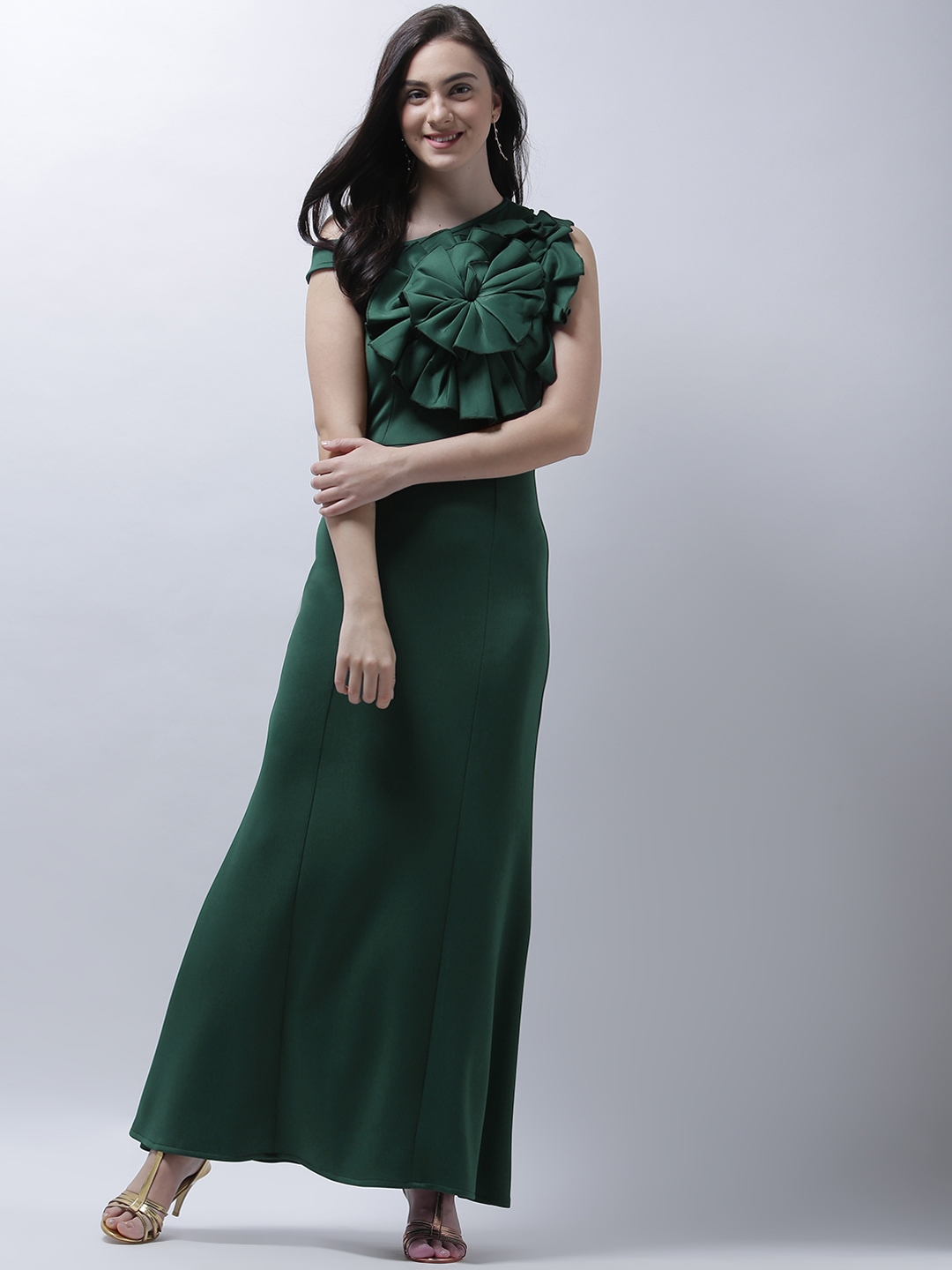 Athena Women Green Solid Fit and Flare Dress