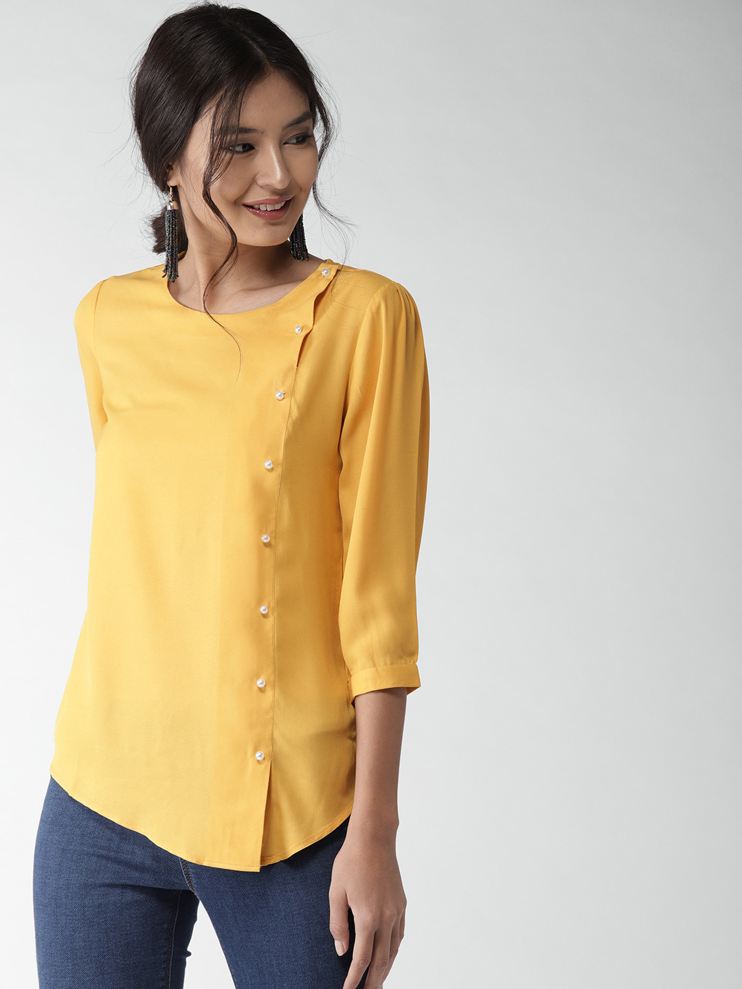 Style Quotient Women Mustard Yellow Solid Asymmetric Closure Top