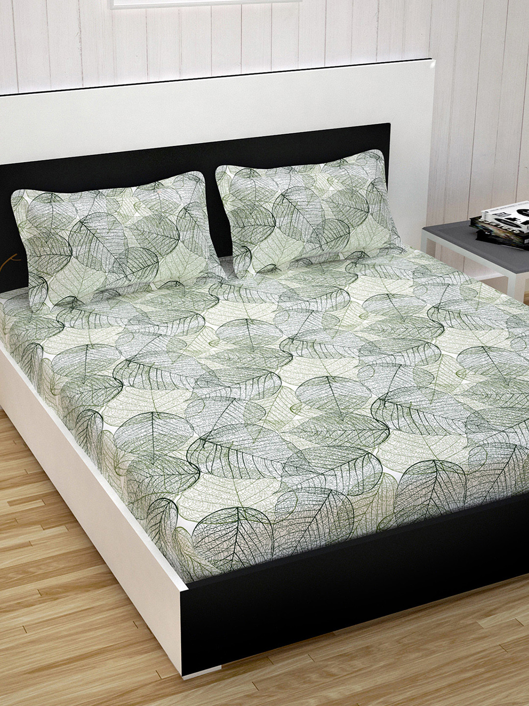 Divine Casa Green Leaf Pure Cotton 120 TC King Bedsheet with 2 Pillow Covers-221 x 253 cm