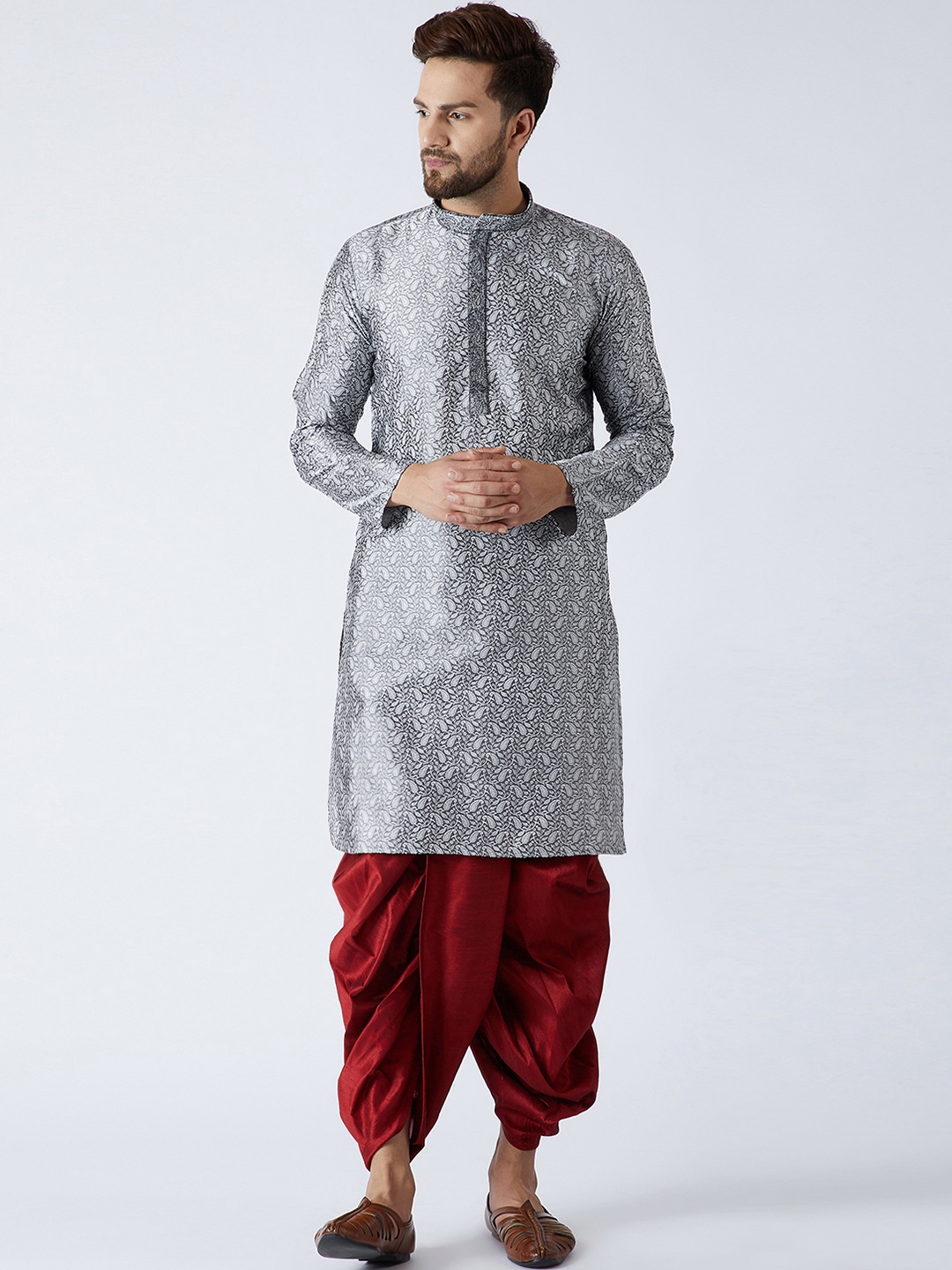 SOJANYA Men Grey Maroon Self Design Kurta with Dhoti Pants