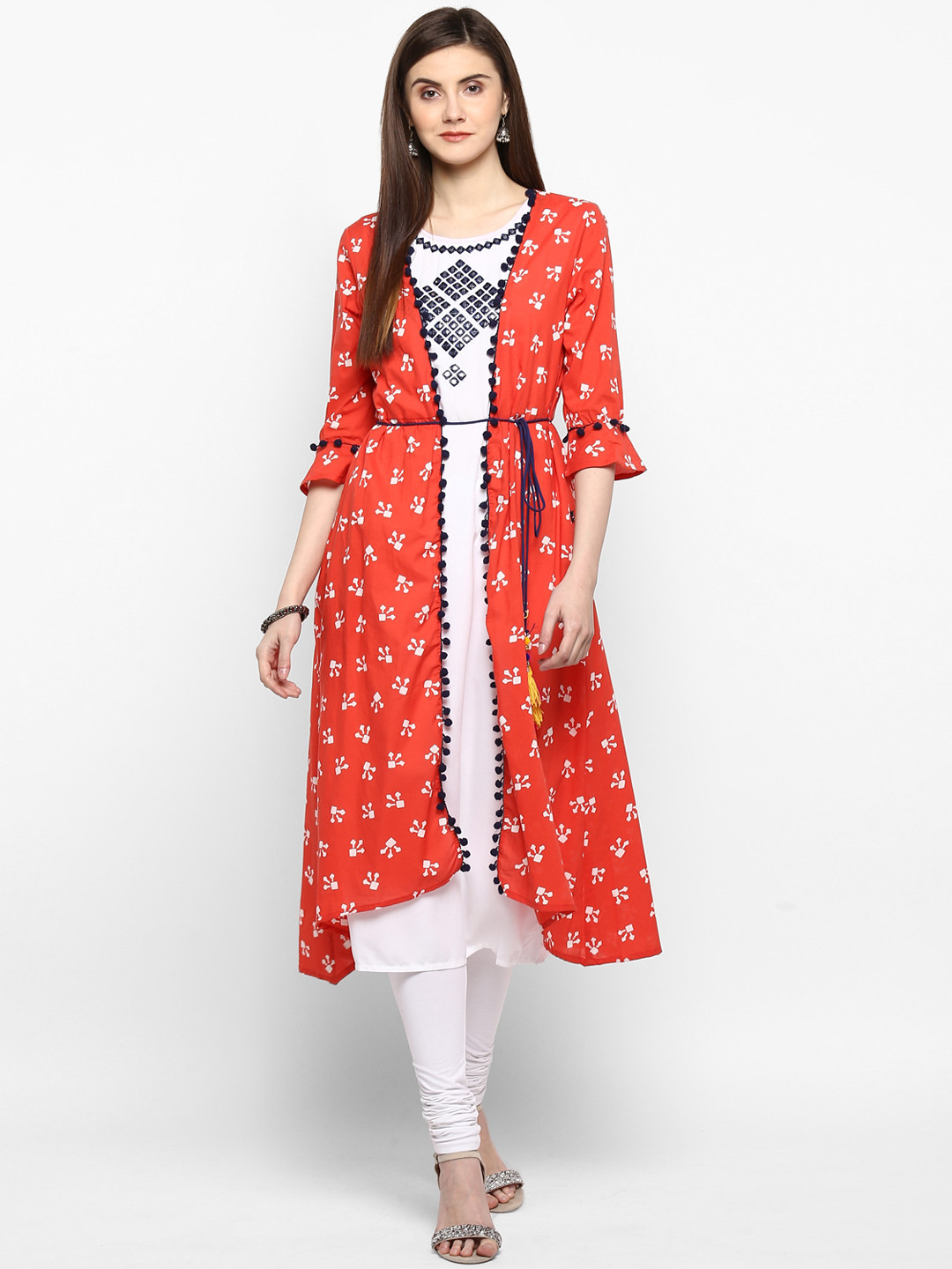 Juniper Women White & Orange Embellished A-Line Kurta