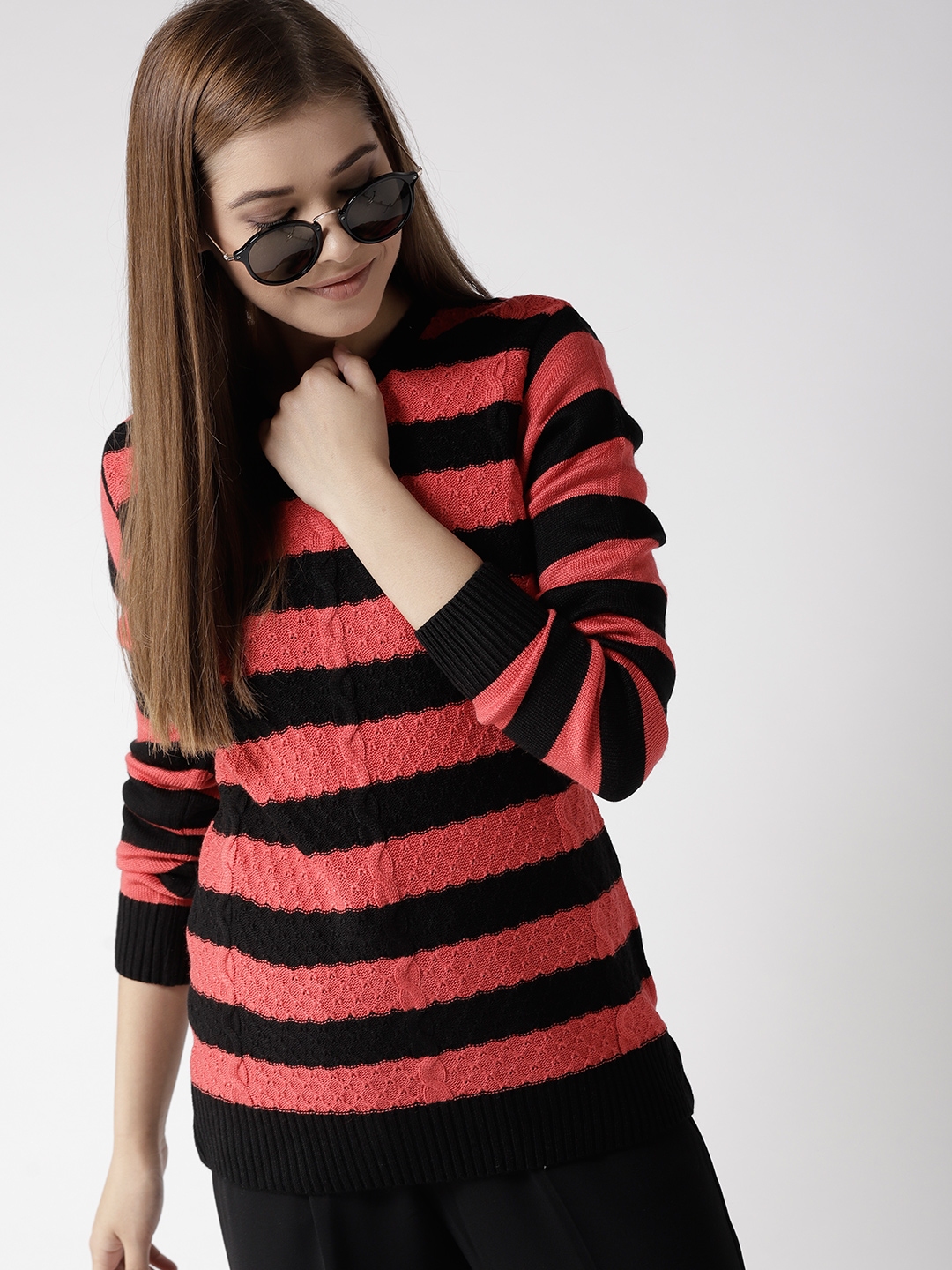 Mast Harbour Women Black Coral Pink Striped Sweater