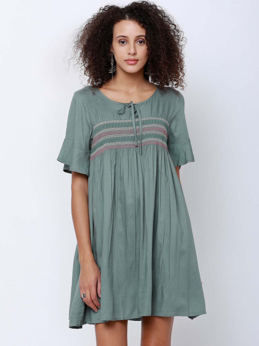 Tokyo Talkies Women Semi-Fit Olive Green Solid Empire Dress
