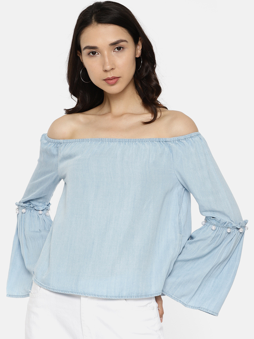 ONLY Women Blue Solid Bardot Top