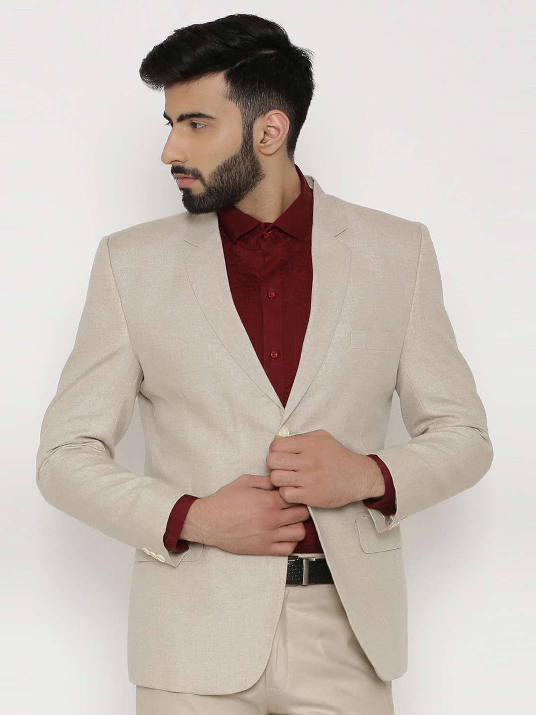 Wintage Beige Single-Breasted Tailored Fit Linen Formal Blazer