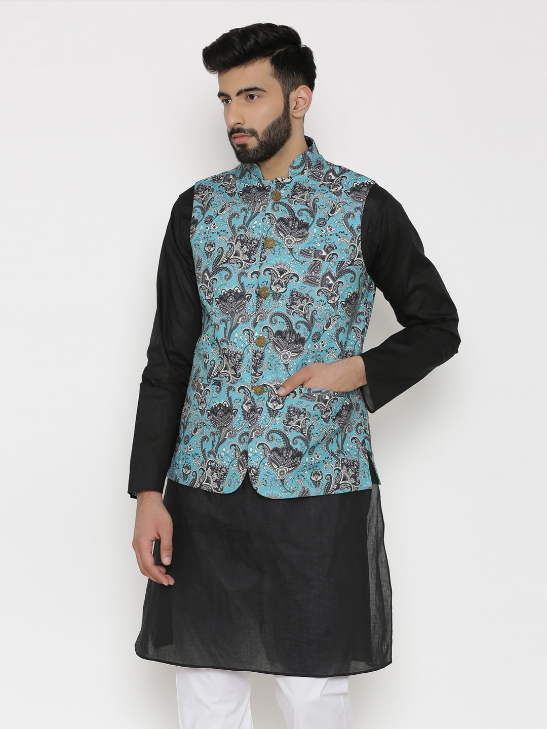 Wintage Men Blue, Back and White Floral Print Nehru Jacket
