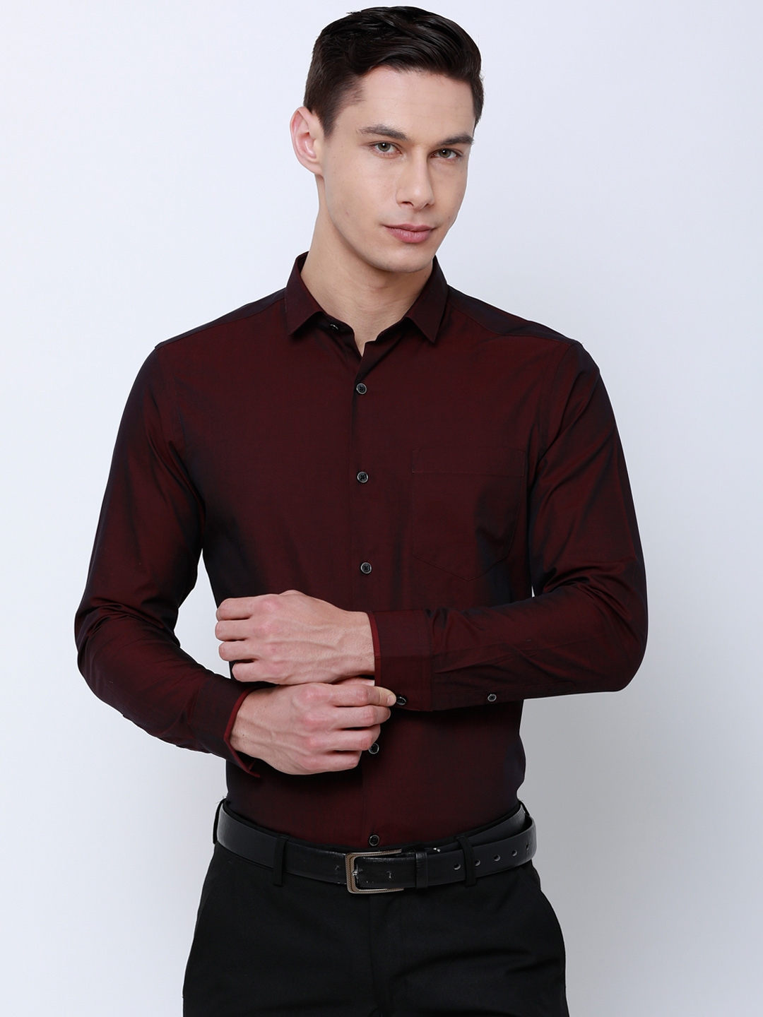 wine colour shirt with black pants