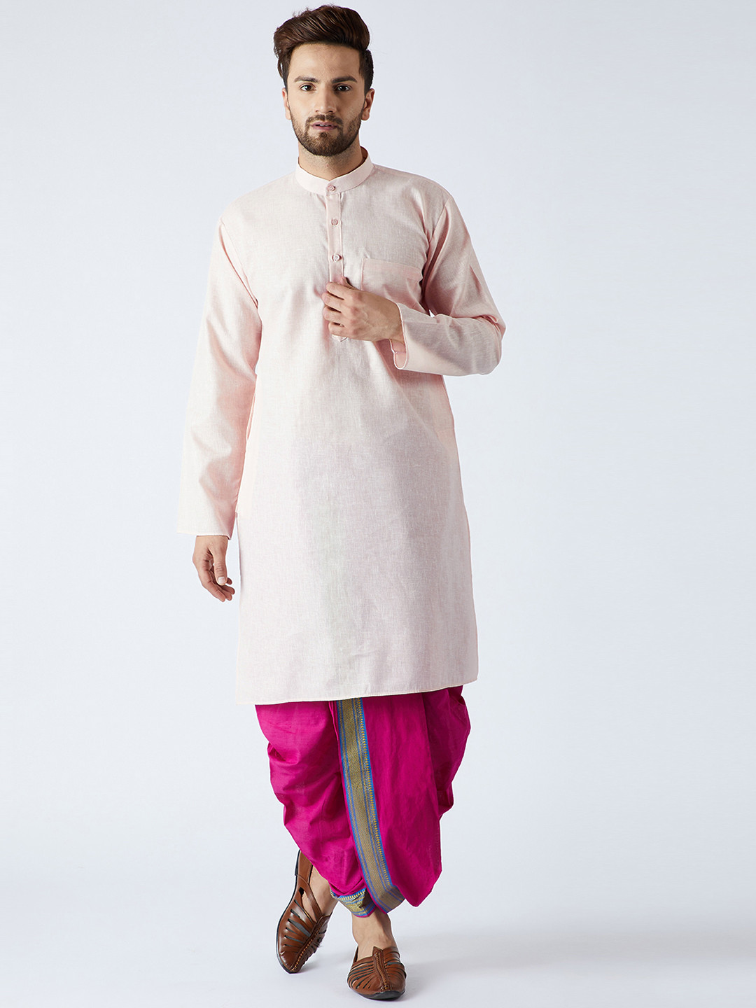 SOJANYA Men Peach-Coloured & Magenta Solid Kurta with Dhoti Pants