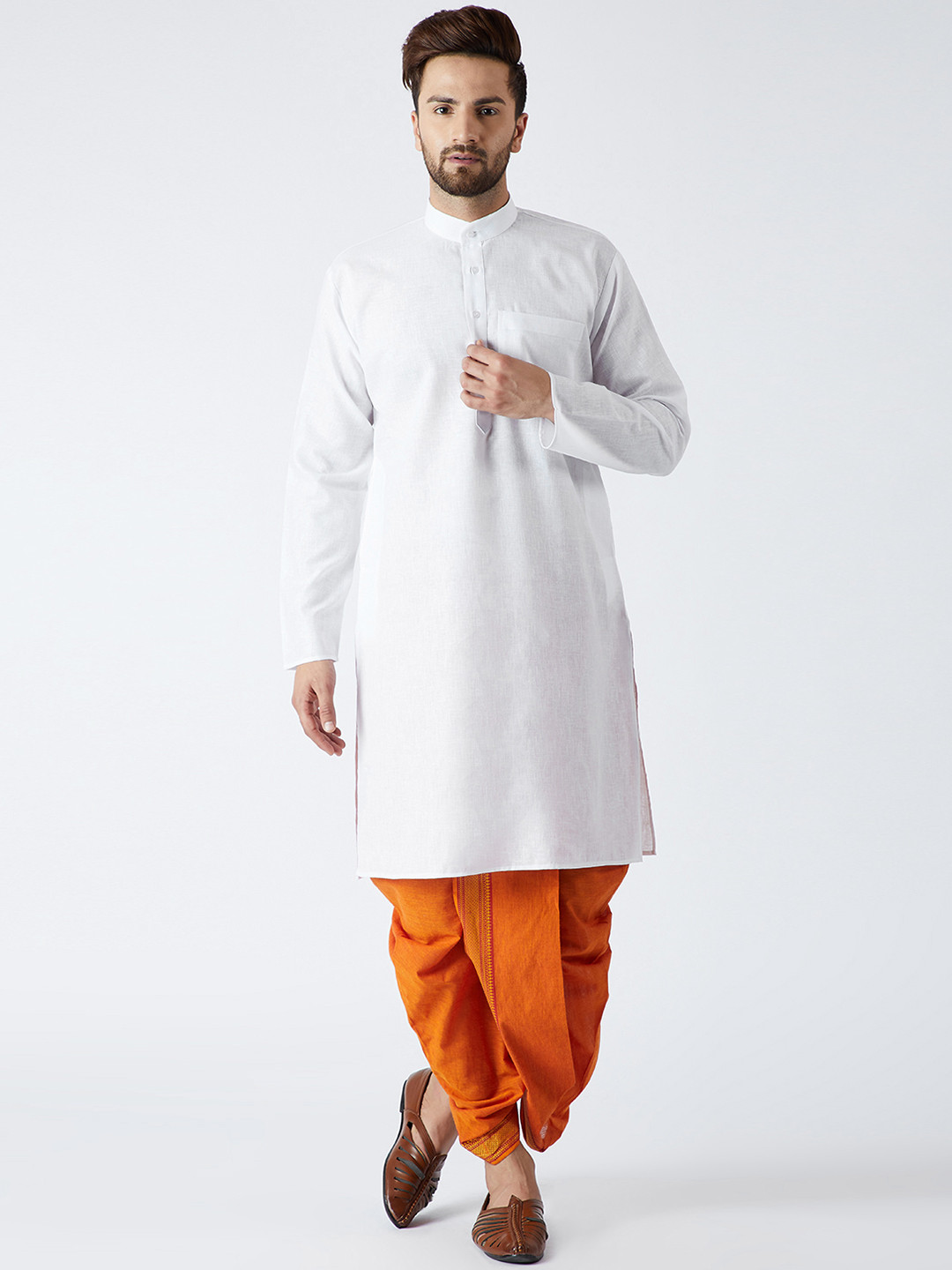 SOJANYA Men White & Orange Solid Kurta with Dhoti Pants