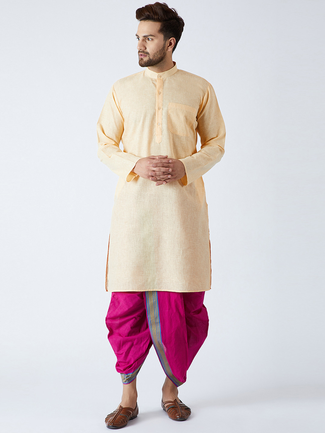 SOJANYA Men Orange & Magenta Solid Kurta with Dhoti Pants