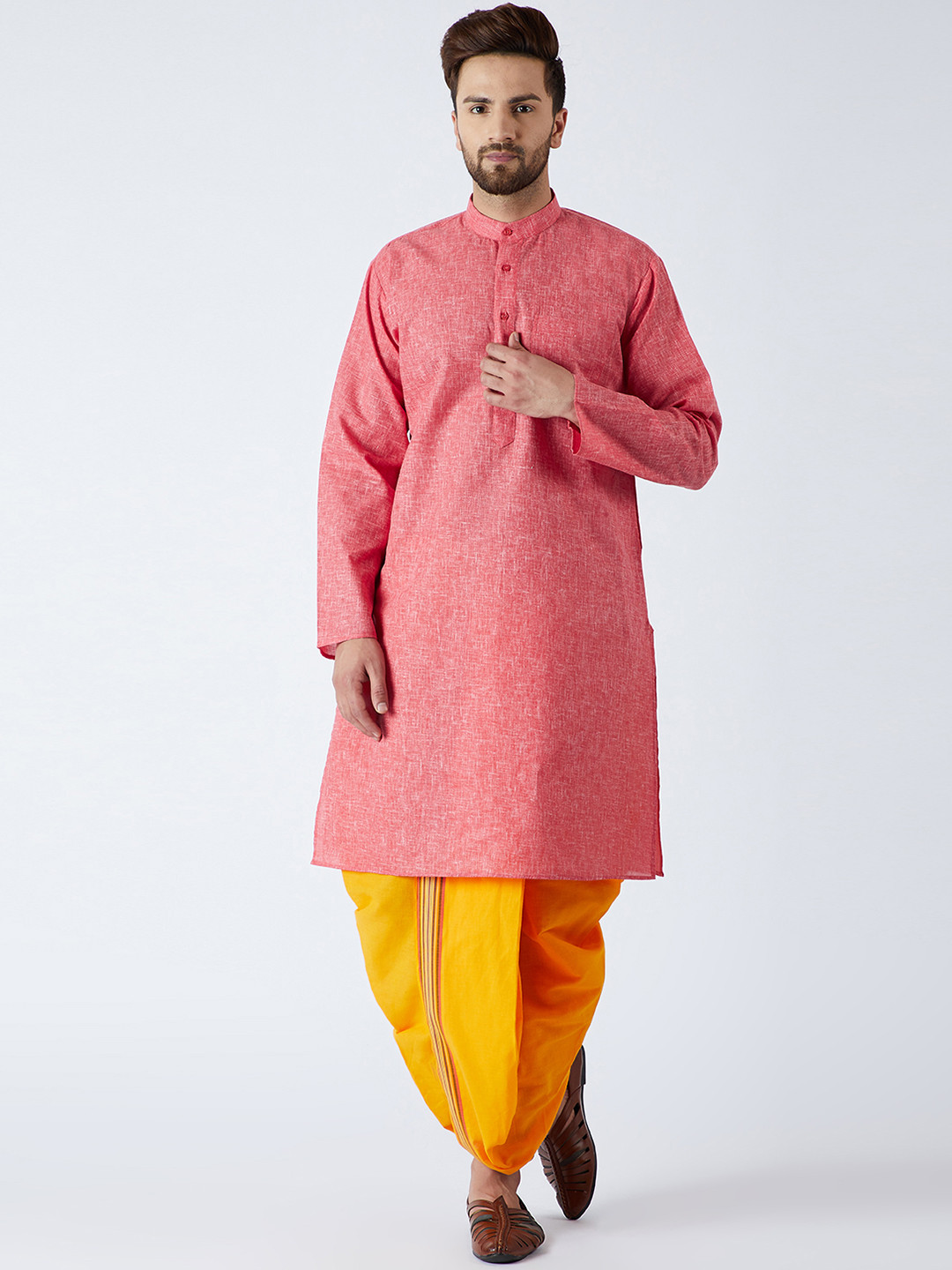 SOJANYA Men Red & Yellow Solid Kurta with Dhoti Pants